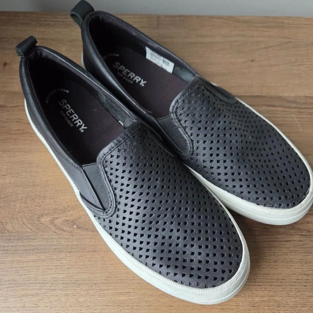 EUC SPERRY TOP SIDER BLACK GENUINE LEATHER UPPER PERFORATED SHOES SIZE 9 WOMENS